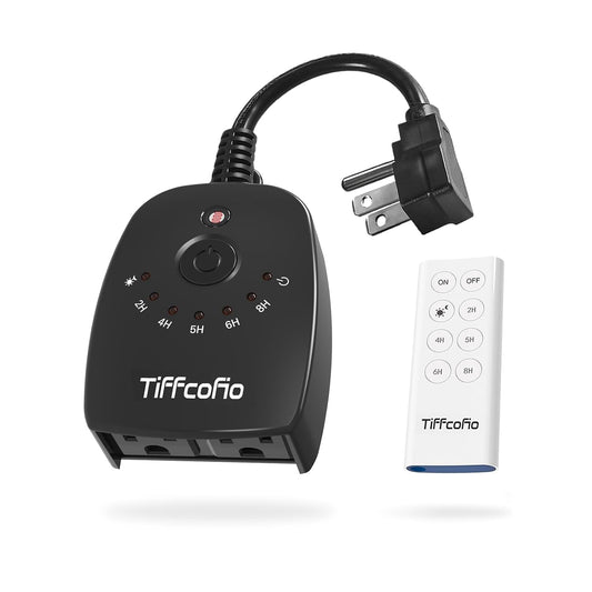 TiFFCOFiO Outdoor Light Timer Waterproof, Remote Control Dusk to Dawn Light Sensor Timer, 100 FT Range, Plug in, 2 Grounded Outlets for Home and Garden, 15A/1875W, ETL Listed