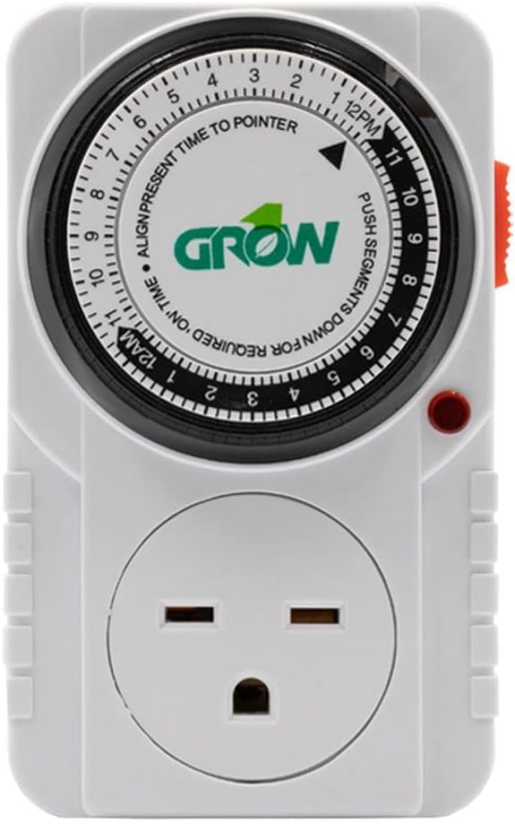 Grow1 Single Outlet Mechanical Timer 24 Hour Hydroponics Grow Light Timers Electrical Outlets, Universal Wall Plug 3-Prong Grounded Outlet, UL Listed, 240v