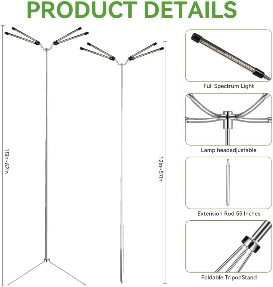 Grow Lights for Indoor Plants Full Spectrum,15-62 Inches Height Adjustable Dsektop and Standing Plant Growing Lights with Detachable Tripod Stand for Large and Small Plants, Auto On/Off Timer