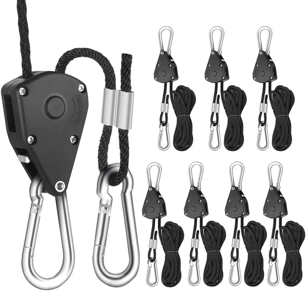 Winterworm 4 Pairs 1/8 Inch Adjustable Heavy Duty Ratchet Hanger Grow Light Fixtures Rope Clip Hangers Hanging Ropes for Gardening Grow Plant Fan Reflectors Filter Tent,150lbs Weight Capacity