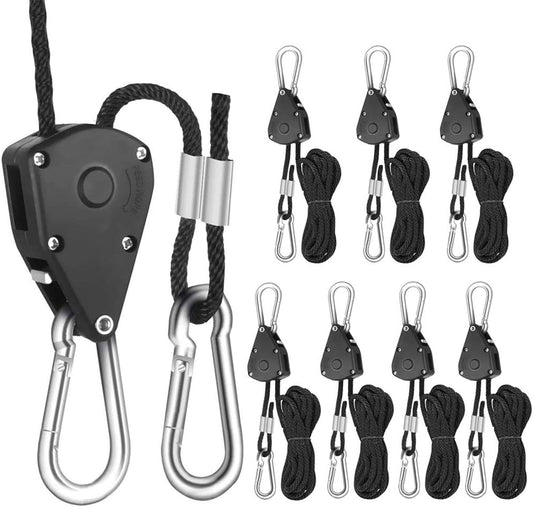 Winterworm 4 Pairs 1/8 Inch Adjustable Heavy Duty Ratchet Hanger Grow Light Fixtures Rope Clip Hangers Hanging Ropes for Gardening Grow Plant Fan Reflectors Filter Tent,150lbs Weight Capacity