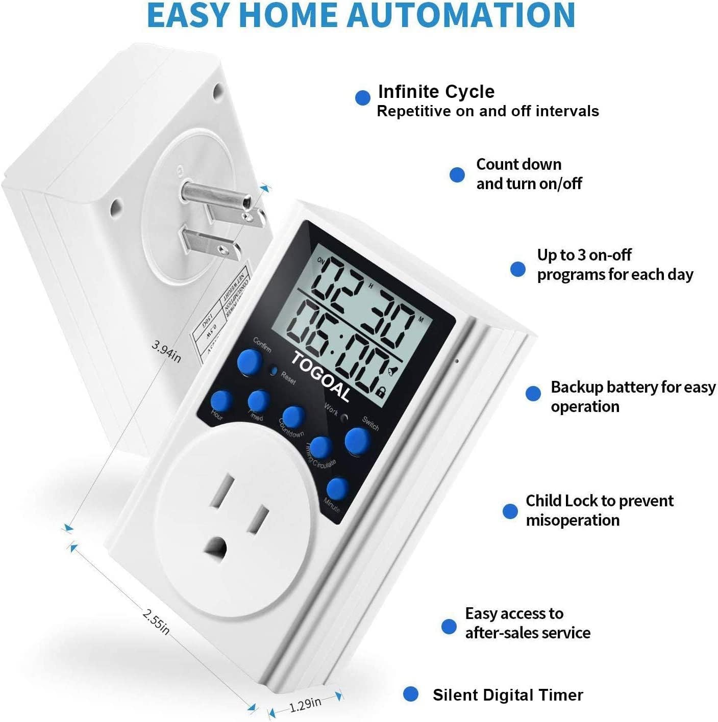 Digital Infinite Repeat Cycle Timer Plug with Countdown and 24 Hour Daily on-Off Programs for Electrical Outlets, Lights, Hydroponic Pumps (120V, 15A) [2 Pack]