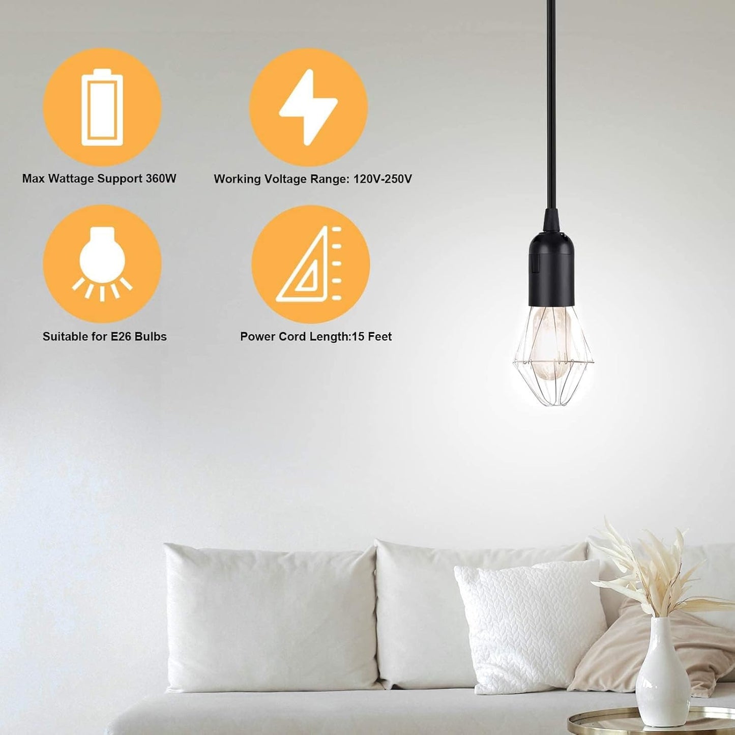 Simple Deluxe Hanging Lantern Extension Cord Cable, Plug-in E26 Pendant Light Socket with On/Off Button, 15ft-Black-2Pack