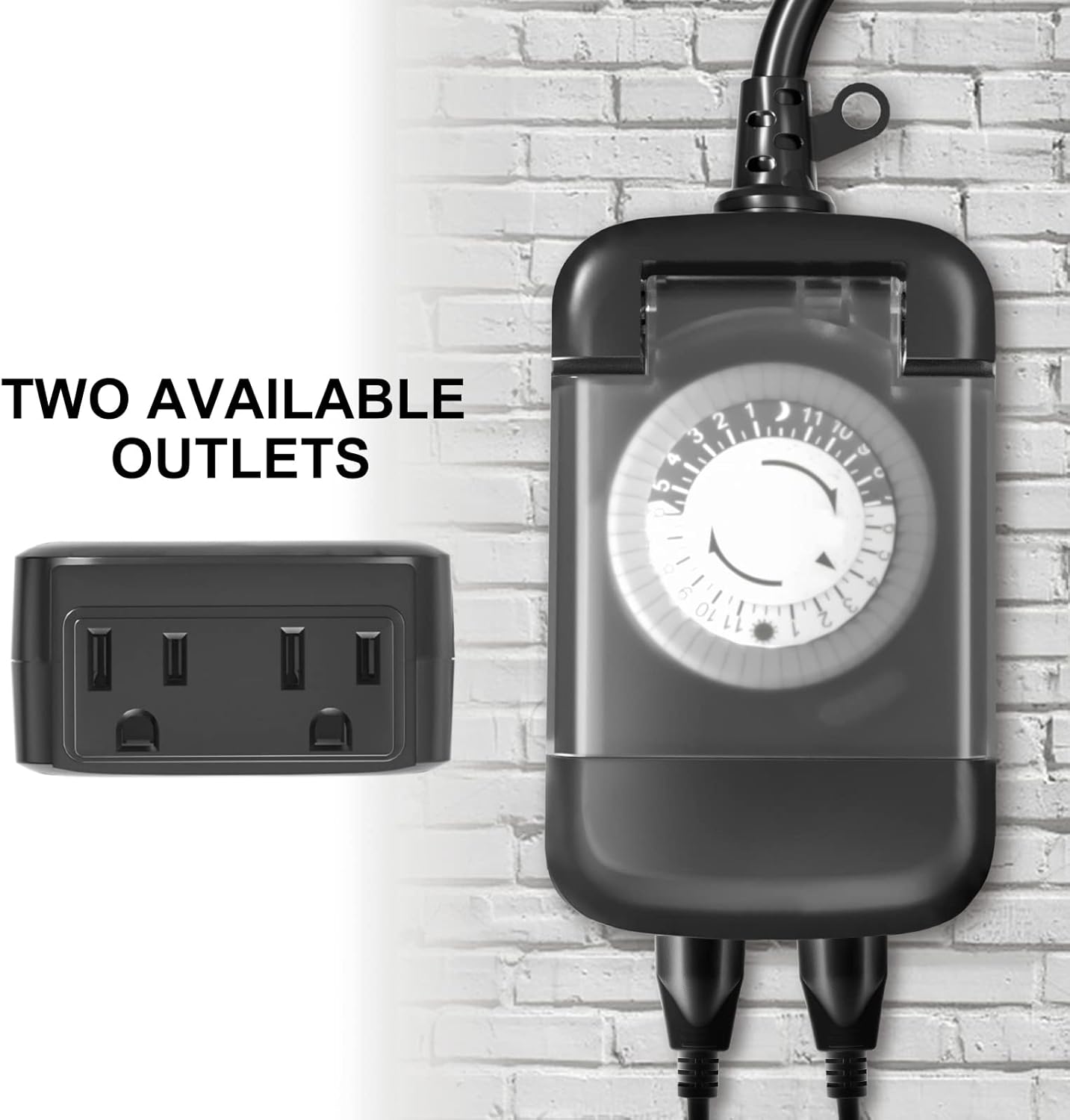 24 Hour Outdoor Mechanical Timer Switch with Two Ground Outlets, Variable On/Off Setting Every 30 Minutes, 48 Pin Setting Dial, Up to 24 Events Per Day,ETL Listed,Black