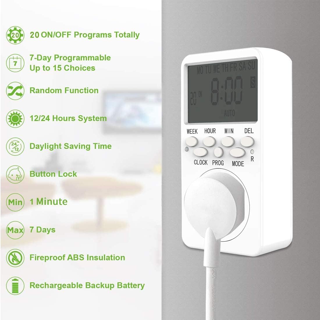 7-Day Programmable Digital Countdown Plug Timer for 110V AC, Energy-Saving Indoor Timer Outlet