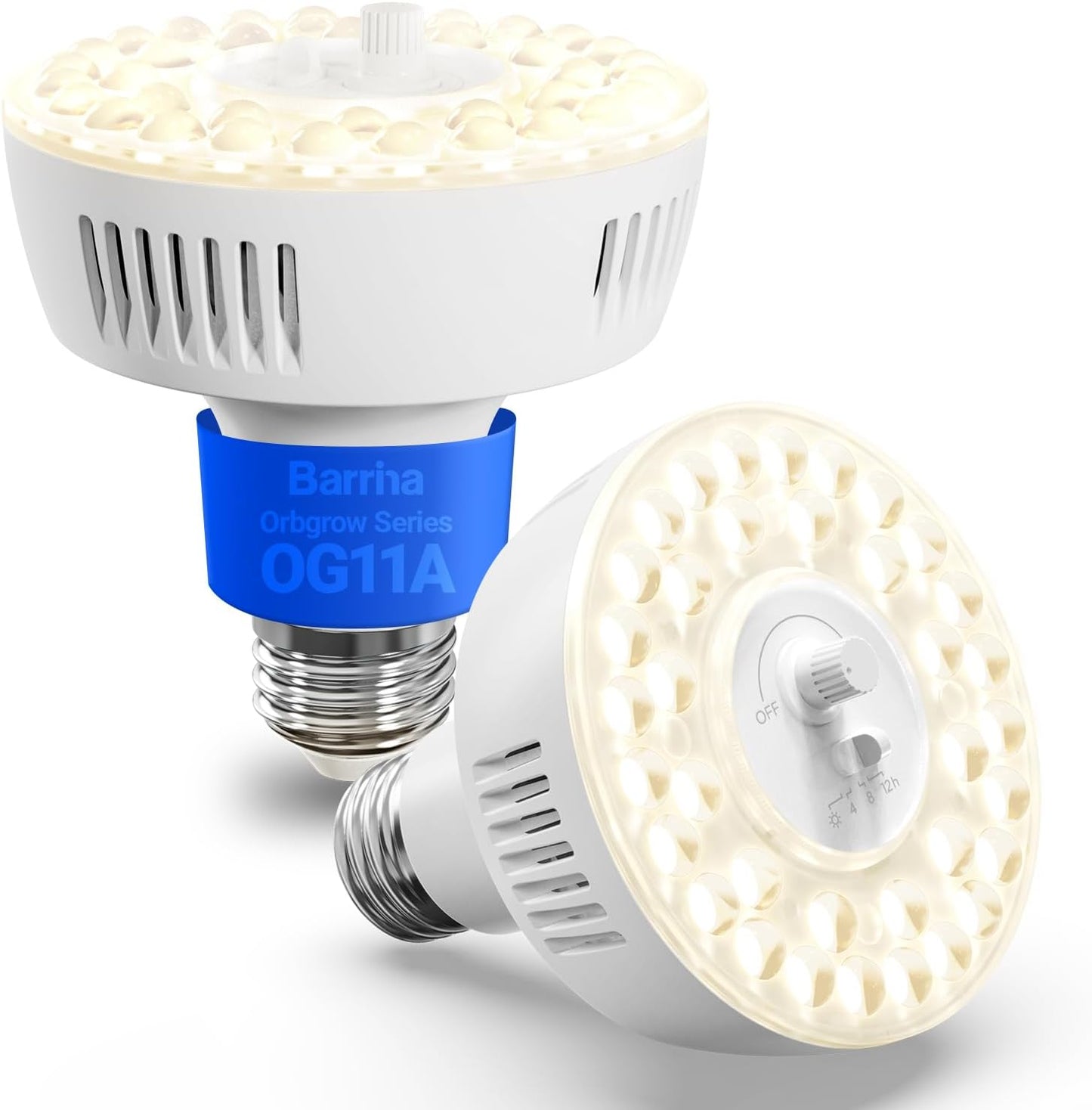 Barrina Orbgrow OG11A Grow Light Bulbs for Indoor Plants, Integrated Dimming & Timing, 4000K 22W(2 x 11W, 200 Watt Equiv), E26 Plant Light Bulb, Full Spectrum for Seeds and Greens, 2 Packs, White