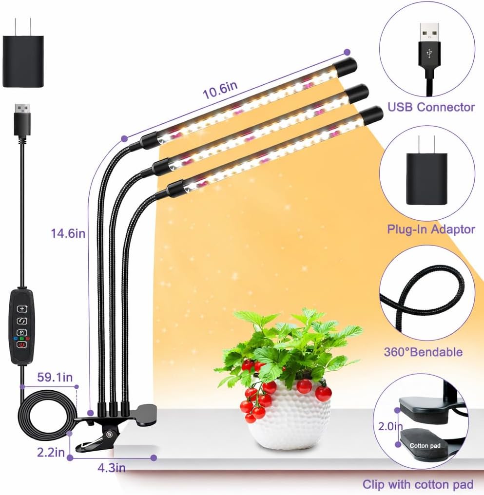 SDOVUERC 3head Plant Lights, 2Pack Grow Lights for Seed Starting, Full Spectrum Growing Lamps with Clip for Indoor Plants, Auto ON & Off Timer 3/9/12H, 3 Switch Modes, 10-Level Dimmable Brightness