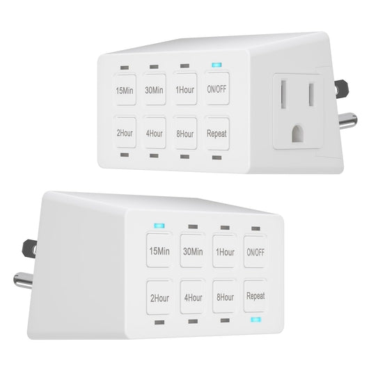 ENERLITES 8-Hour Indoor Countdown Plug-in Timer, UL Listed Timer for Electrical Outlets, 15-30 Min 1-2-4-8 Hour, for Fans or Lights, 1/4 HP, HET03-W, White, 2 Pack