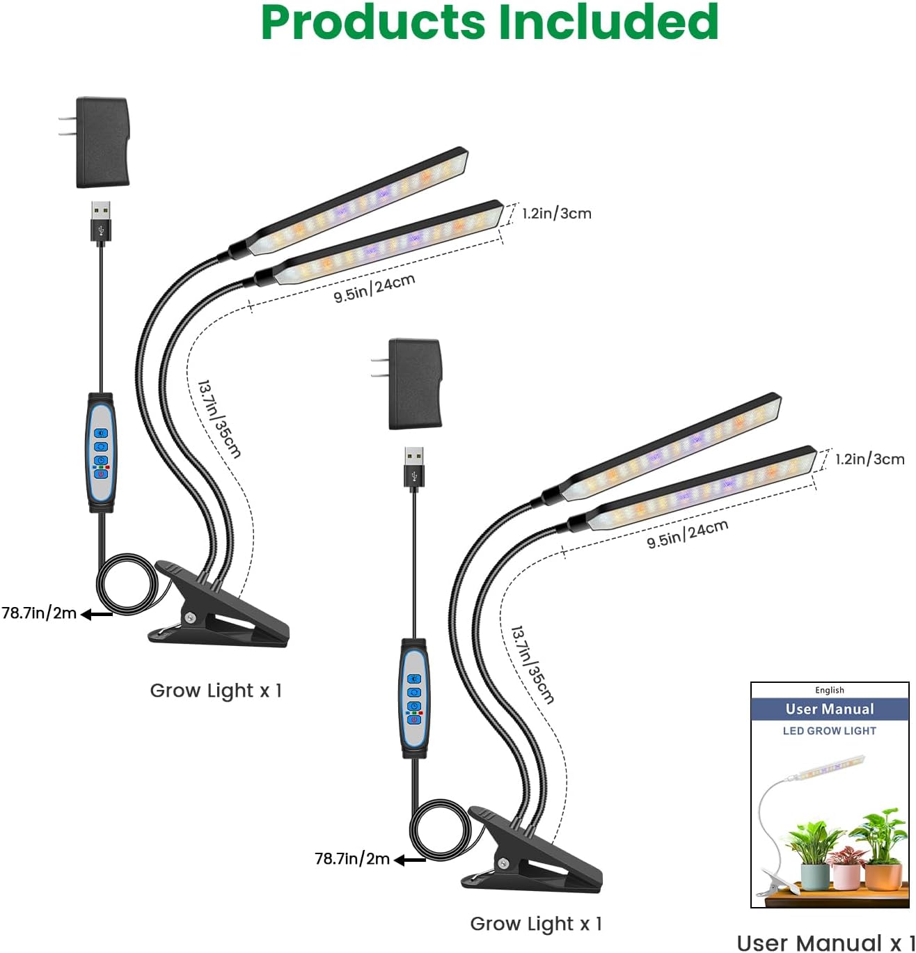 Aumtrly Grow Light Clip on 2 Pack, 228 LED Full Spectrum Plant Lights for Indoor Growing, 2 Head Black Arm Grow Lamp with Gooseneck, 6/12/16H Timer, 5 Dimming, 3 Light Mode