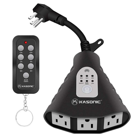 K KASONIC - Outdoor Light Timer, Waterproof Plug in Sensor Outlet Timer Switch, 100 ft Range Remote Control with 3 Grounded Electrical Outlets for Home and Garden, ELT Listed