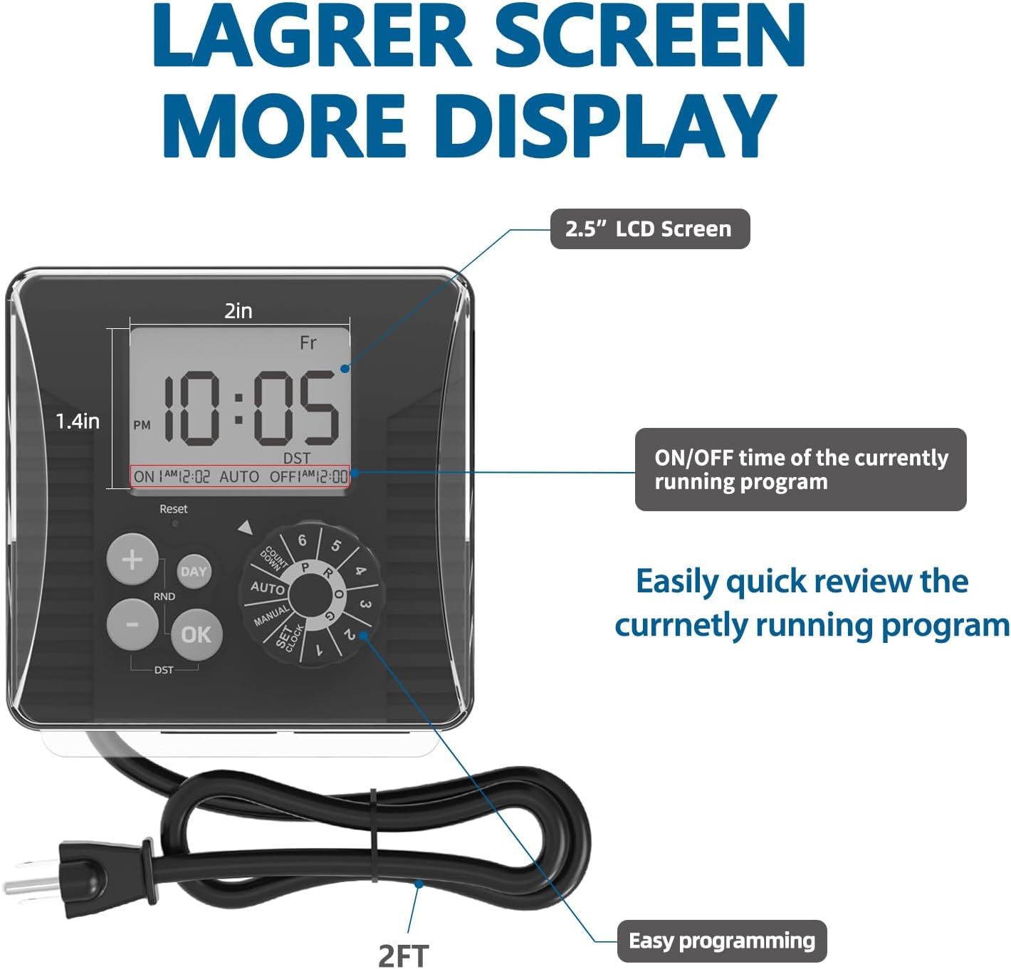 TiFFCOFiO Outdoor Digital Pool Timer, Dial Programmable Method, Outdoor Timer with 2FT Extension Cord Waterproof, 2 Grounded Electrical Outlets for Lights, 6 Sets of Programs,1HP (15A)