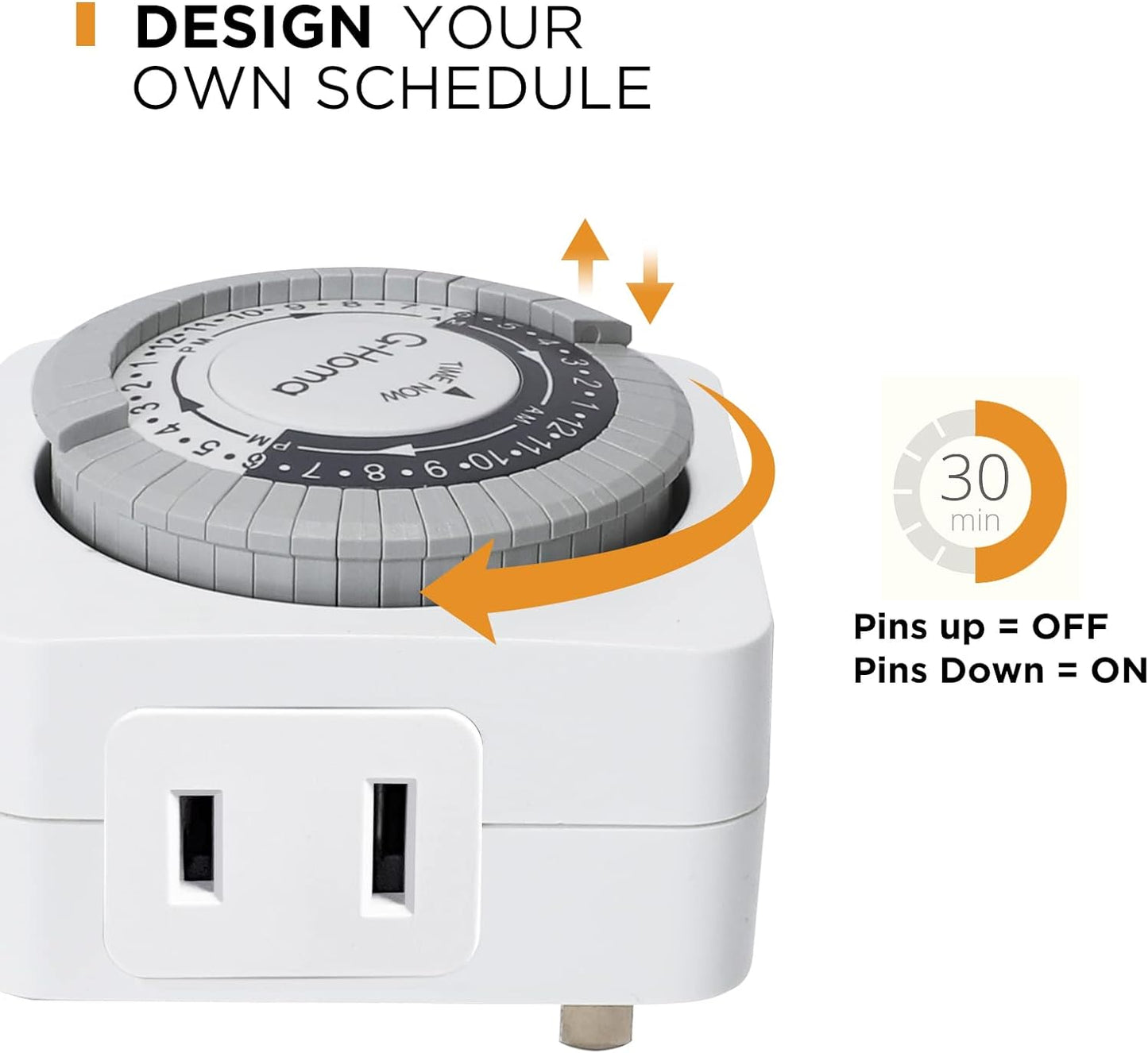 G-Homa Timers for Electrical Outlets 4 Packs,24 Hour Indoor Plug-in Mechanical Timer,30 Minute Intervals, Daily On/Off Cycle,1 Polarized Outlet, for Grow Light,Christmas Lights, Lamps ETL Listed