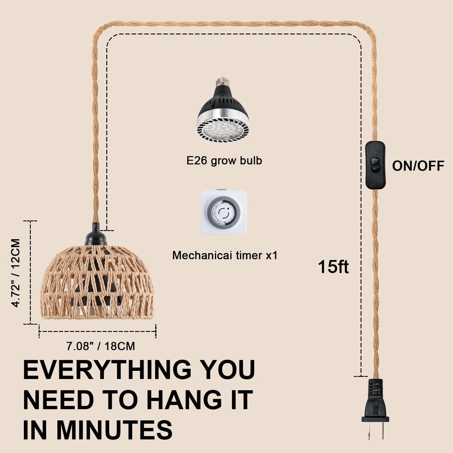 Hanging Grow Lights for Indoor Plants, Full Spectrum Plant Light, with Timer and 15FT Power Cord, 30W Pendant Plant Lights for Indoor Growing, Garden, Flowers, Greenhouse (4000k)