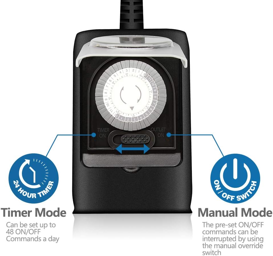 K KASONIC - Outdoor Light Timer Outlet, 24 Hour Mechanical Switch, Heavy Duty Plug in Timer Waterproof with 2 Grounded Outlet, ETL Listed (Black)