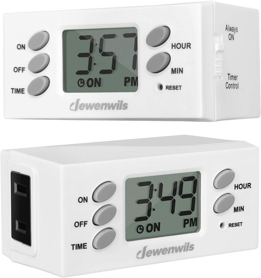 DEWENWILS 24 Hour Outlet Timer, 125V 15A 1000W Timers for Electrical Outlets, 1 Polarized Outlet, Digital Light Timer for Indoor Lamp, Fan, Aquarium, 1/2 HP, 2 Pack,White, UL Listed
