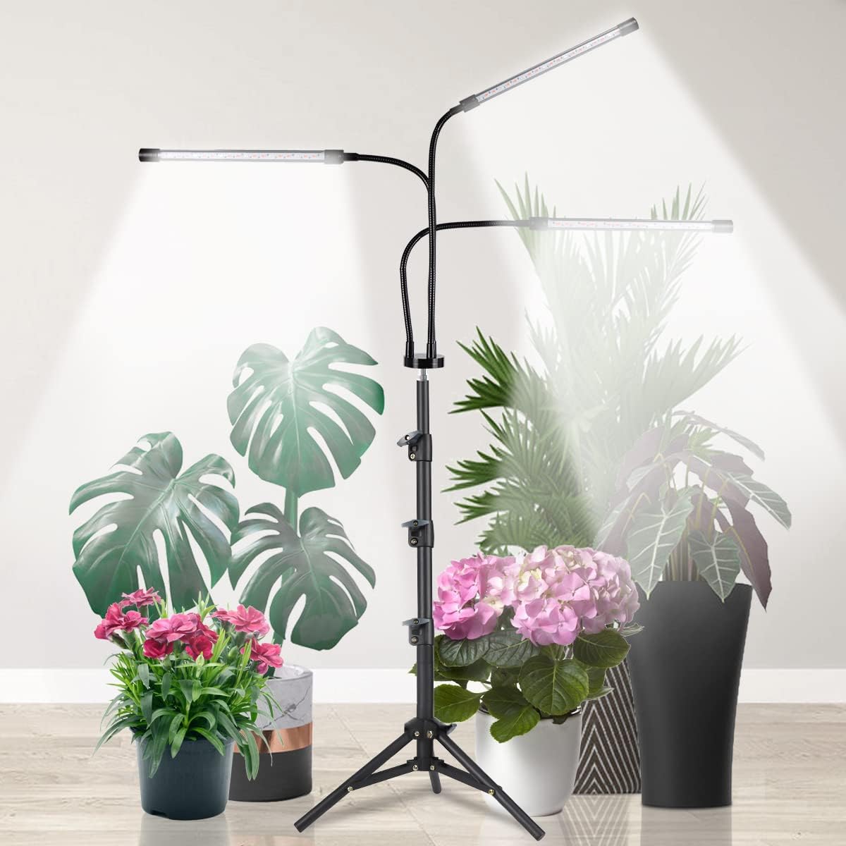 Grow Light with Stand, 5500K Tri-Head Plant Light for Indoor Plants, Sunlight Full Spectrum Floor Growing Lamp with 4/8/12H Timer, 5-Level Dimmable & Tripod Stand Adjustable 15-47In