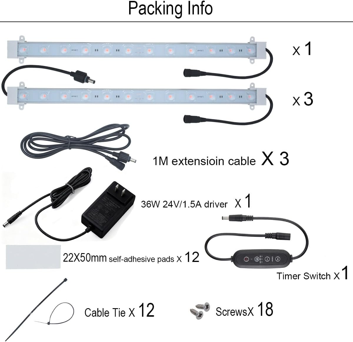 Litever Grow Light Strip Kit 36W with Timer, 4 pcs 16 Inches LED Grow Light Strips with Extension Cables, Mounting Accessories for Greenhouse, Grow Shelf. Perfect for Indoor Growing-(4-Strip-Kit)