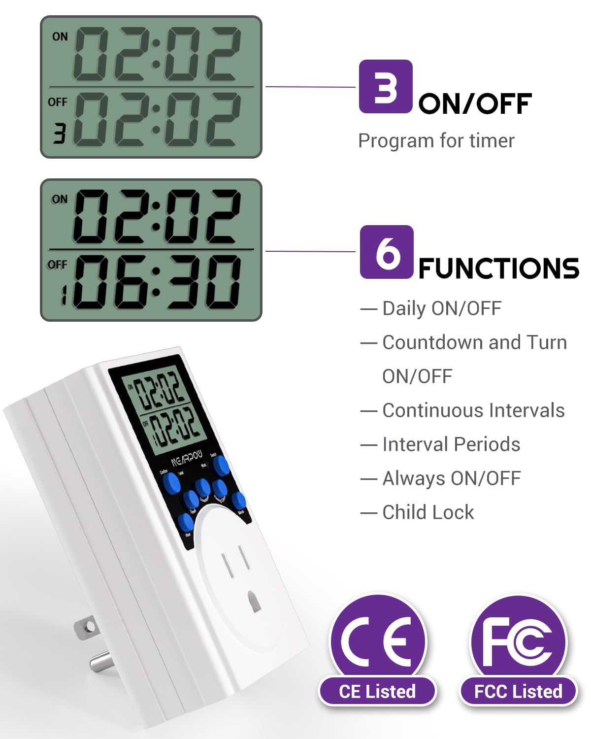[2 Pack] Timer Outlet, Nearpow Multifunctional Infinite Cycle Programmable Plug-in Digital Timer Switch with 3-Prong Outlet for Appliances, Energy-Saving Timer, 15A/1800W