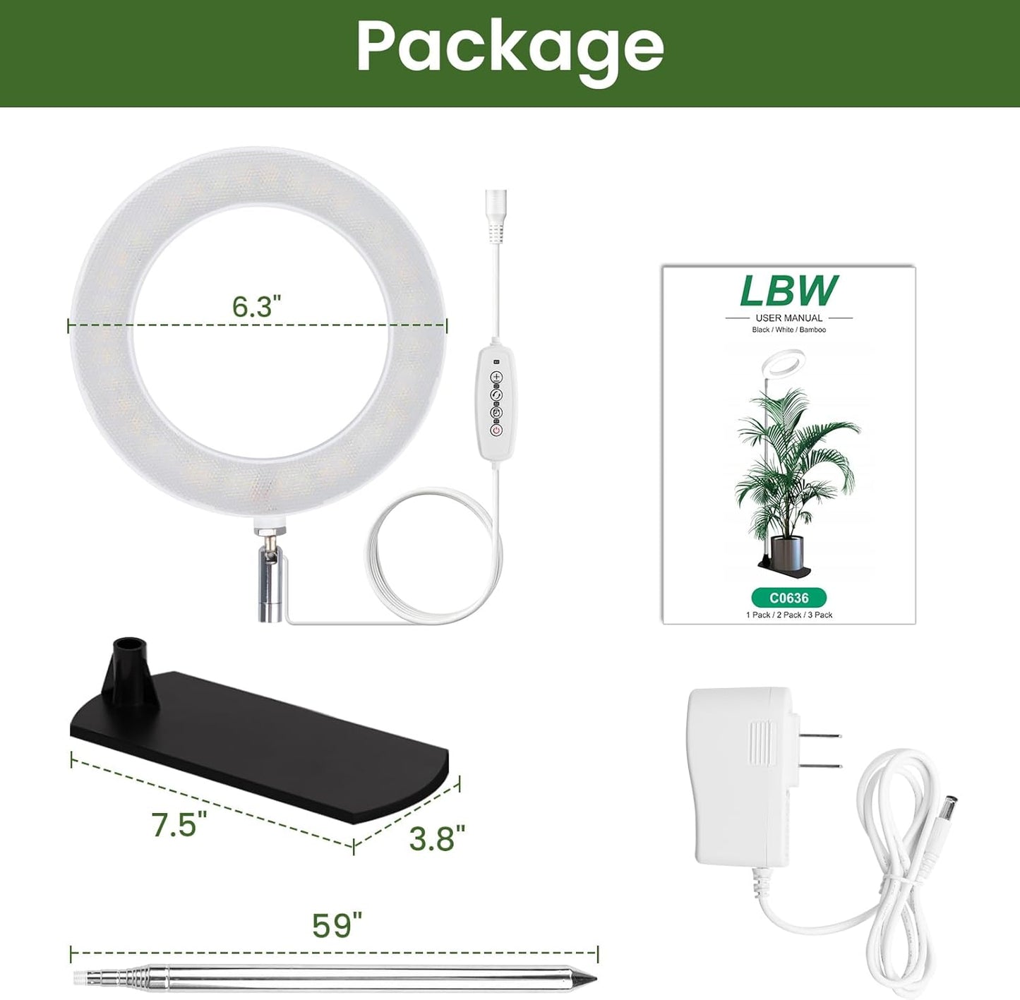 LBW Grow Lights for Indoor Plants, 6.3" Full Spectrum Plant Light with Base, 59" Height Adjustable Grow Lamp, 6/8/12/16H Auto Timer, 3 Light Colors, 5 Dimmable Levels, for Tall Large Plants, White