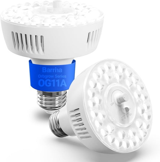 Barrina Orbgrow OG11A Grow Light Bulbs for Indoor Plants, Integrated Dimming & Timing, 5000K 22W(2 x 11W, 200 Watt Equiv), E26 Plant Light Bulb, Full Spectrum for Seeds and Greens, 2 Packs, White