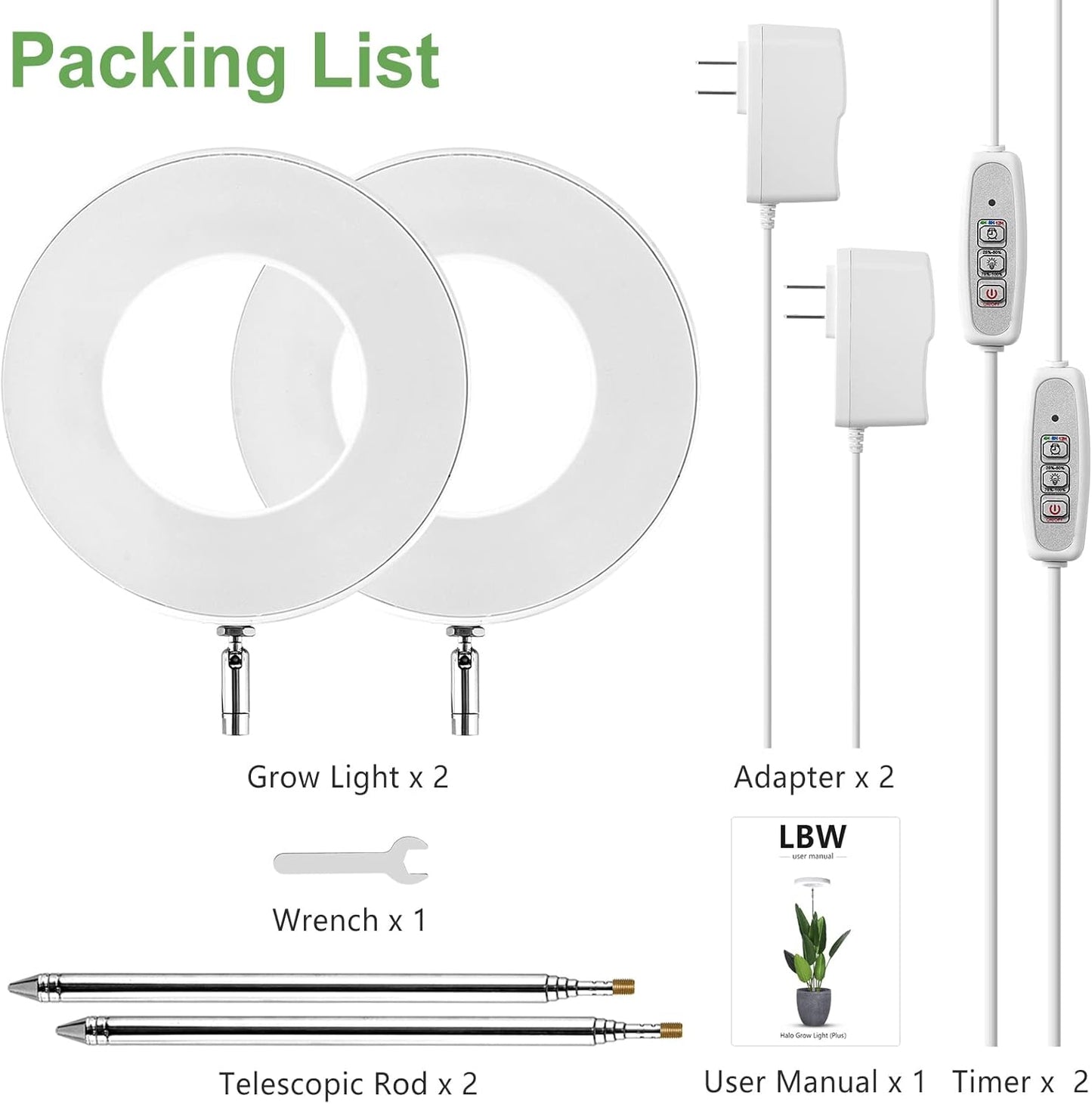 LBW Plant Grow Light, 72 LEDs Full Spectrum Grow Lights for Indoor Plants, Large Plant Lamp with 4 Dimmable Levels, 4/8/12H Auto Timer, Height Adjustable, Halo Growing Lamp for Tall Plants, 2 Pack