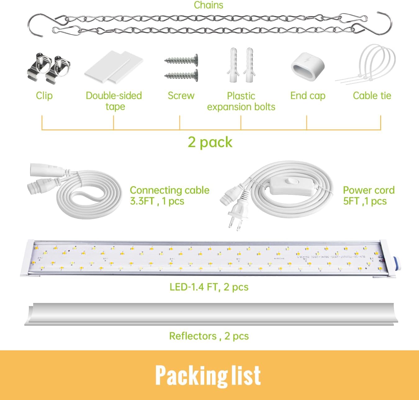 1.4FT Hanging Grow Light for Indoor Plants, Full Spectrum with 660nm Red LED, T5 2020T Light Fixture, 36W(2×18W) Grow Lamp with Reflectors for Seedling Tray, 2-Pack