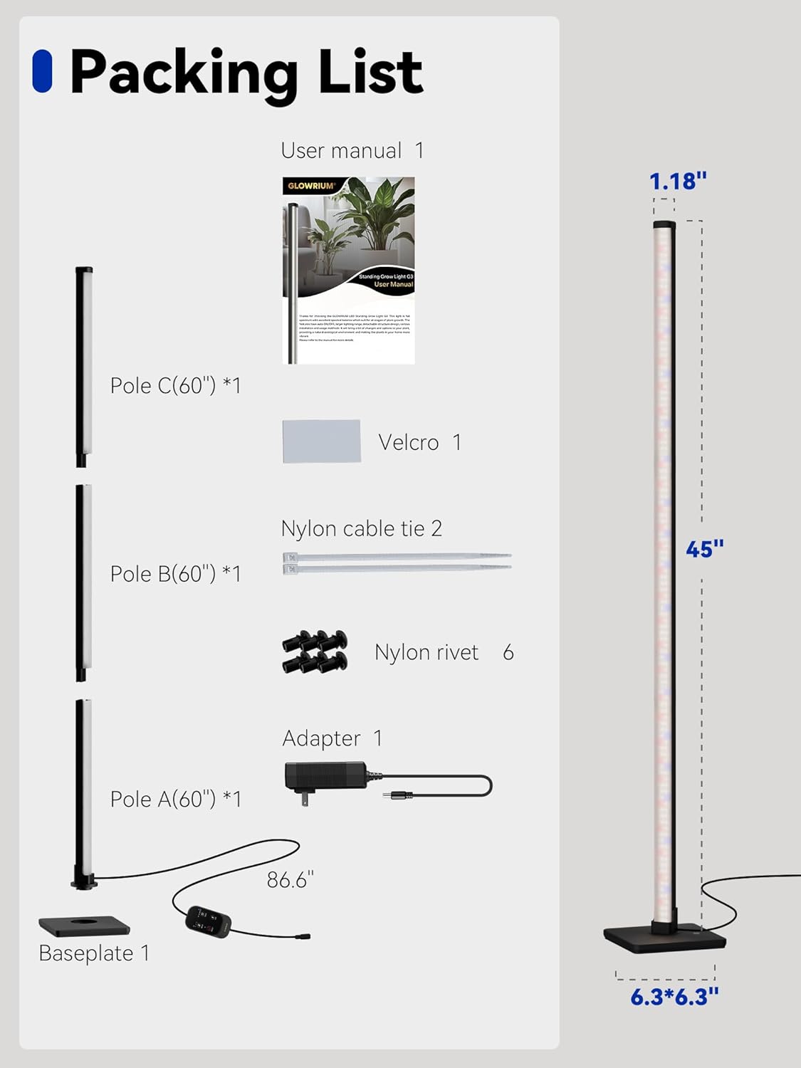 GLOWRIUM Grow Lights for Indoor Plants, 30W Vertical Plant Grow Lights with Auto-Timer, Full Spectrum LED Standing Plant Grow Light, 3 Light Modes, 6-Level Dimmable (45in)
