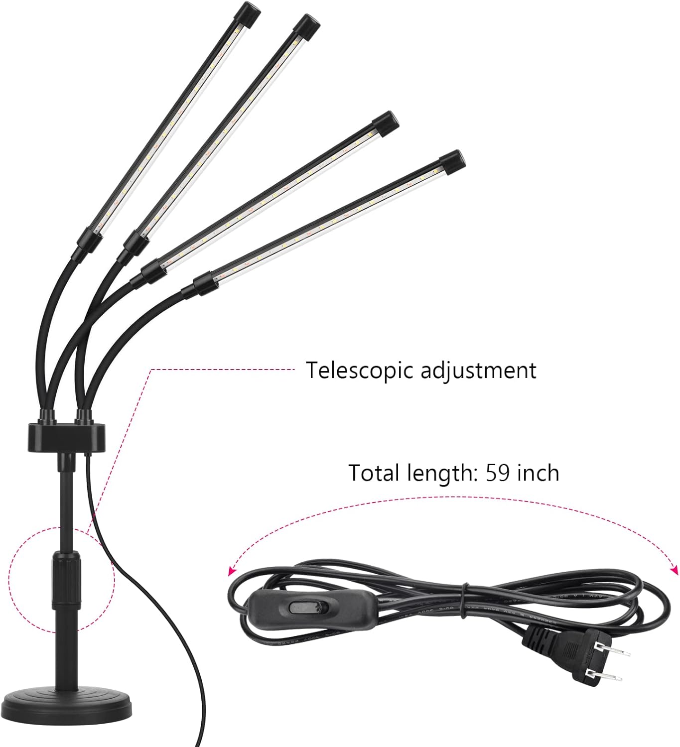 SYEIORAOM Grow Lights for Indoor Plants, Four Head LED Grow Light with Full Spectrum, Red White Spectrum for Indoor Plant Lamp, Adjustable Gooseneck, Suitable for Vegetation