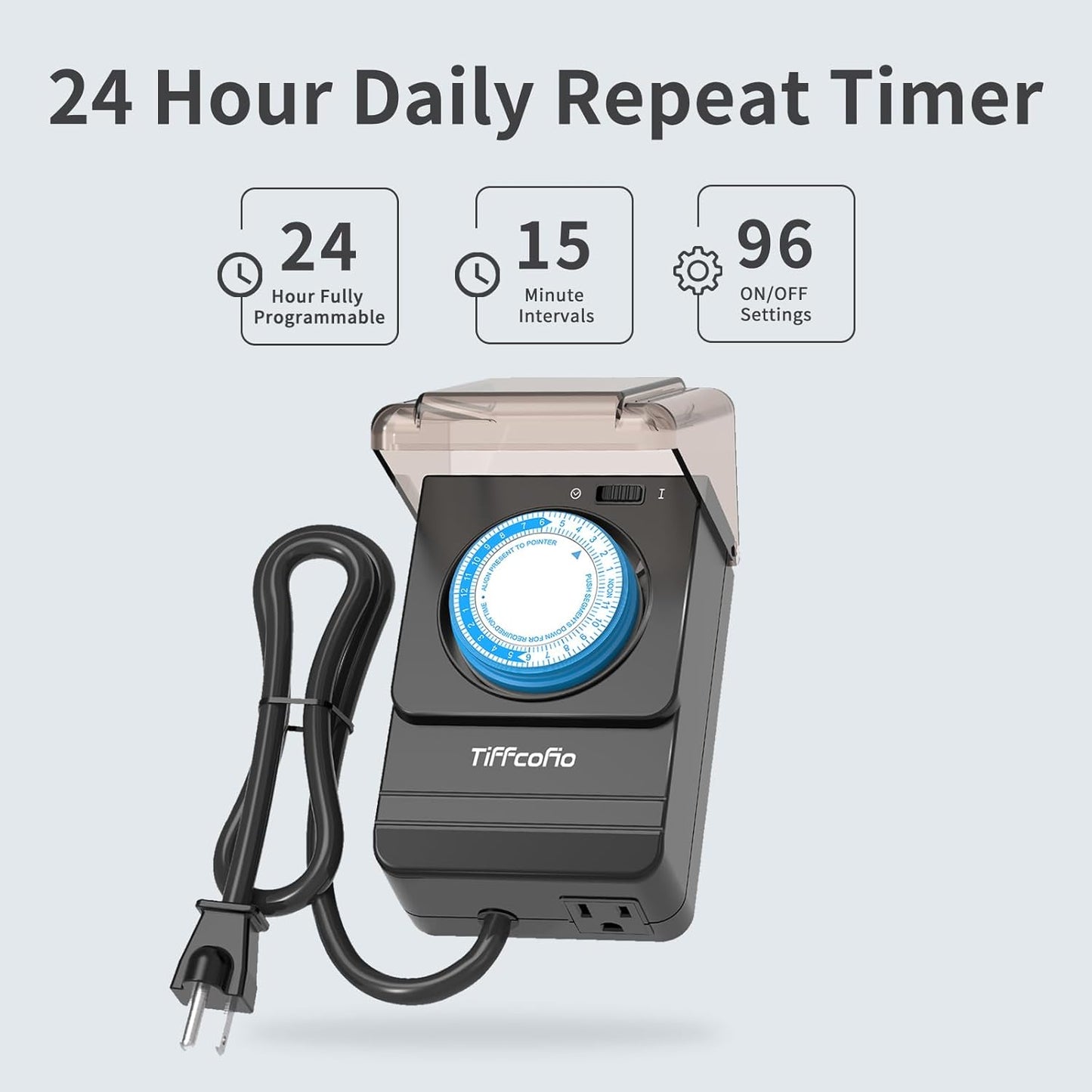 TiFFCOFiO Outdoor Timer Outlet Waterproof, 24 Hour Mechanical Light Timer Outdoor, 2 Grounded Outlets for Home and Garden, 15A 1/2HP, Heavy Duty, ETL Listed (15 Min Interval)