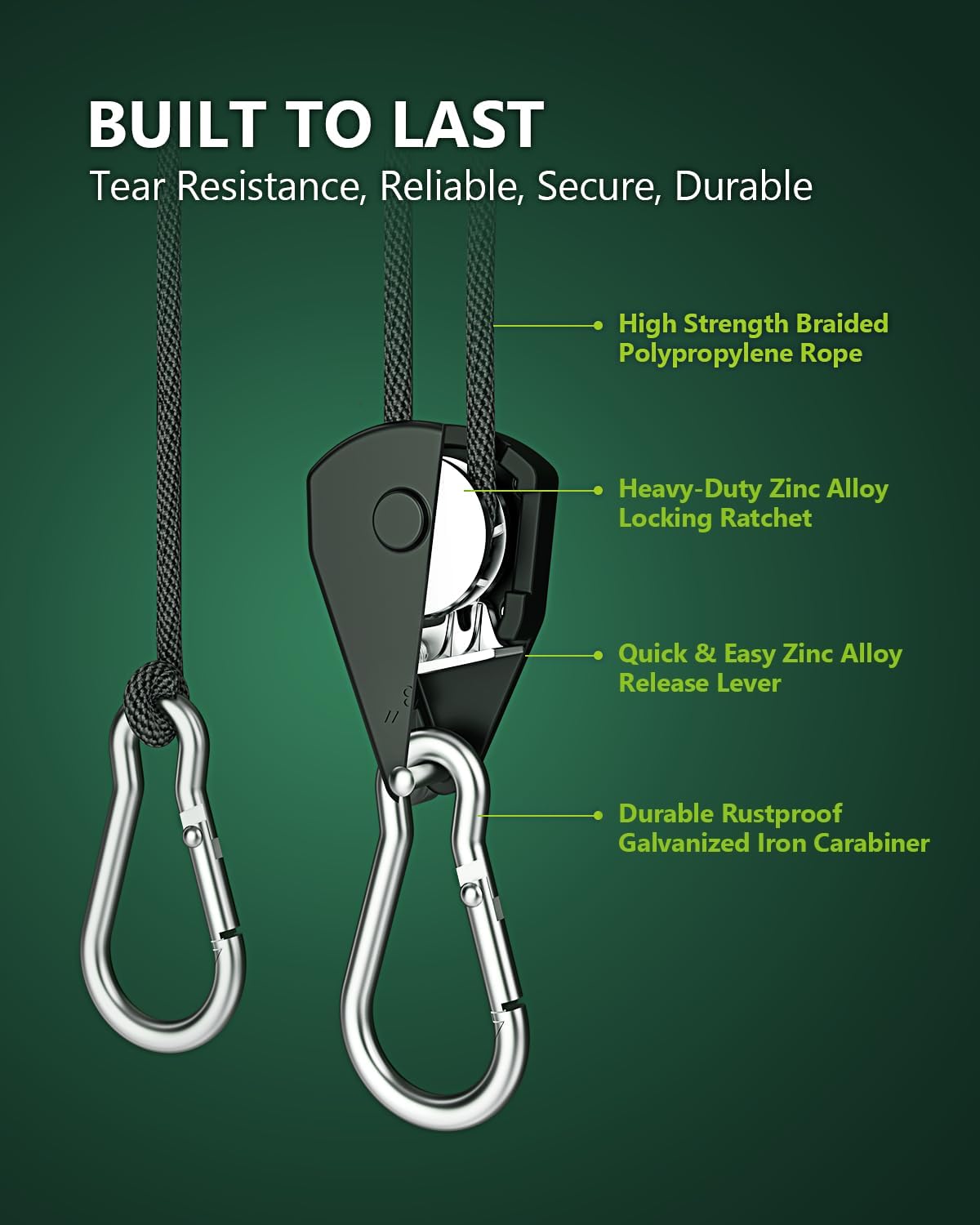 12-Pack 1/8” Adjustable Rope Hanger, Heavy Duty Ratchet Tie Down Strap with Reinforced Metal Gear, Ratcheting Pulley System Bungee Cord for Hanging Plants Grow Light and Various Tie-Down Uses