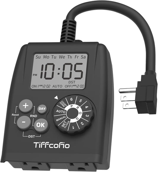 TiFFCOFiO Digital Outdoor Timer Outlet, Dial Programmable Method, Outdoor Light Timer Waterproof, 2 Grounded Electrical Outlets for Pool Pump, 6 Sets of Programs, 15A/1875W (1 Pack)