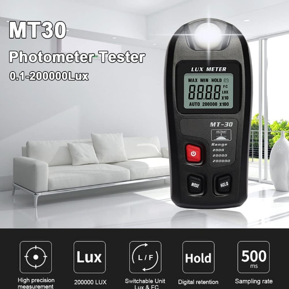 MT-30 Digital Light Meter Lux Meter 0.1-200,000 Lux Range Illuminance Meter with LCD Display Portable Luxmeter for Indoor Outdoor Lighting Measurement