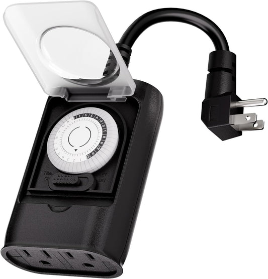 K KASONIC - Outdoor Light Timer Outlet, 24 Hour Mechanical Switch, Heavy Duty Plug in Timer Waterproof with 2 Grounded Outlet, ETL Listed (Black)