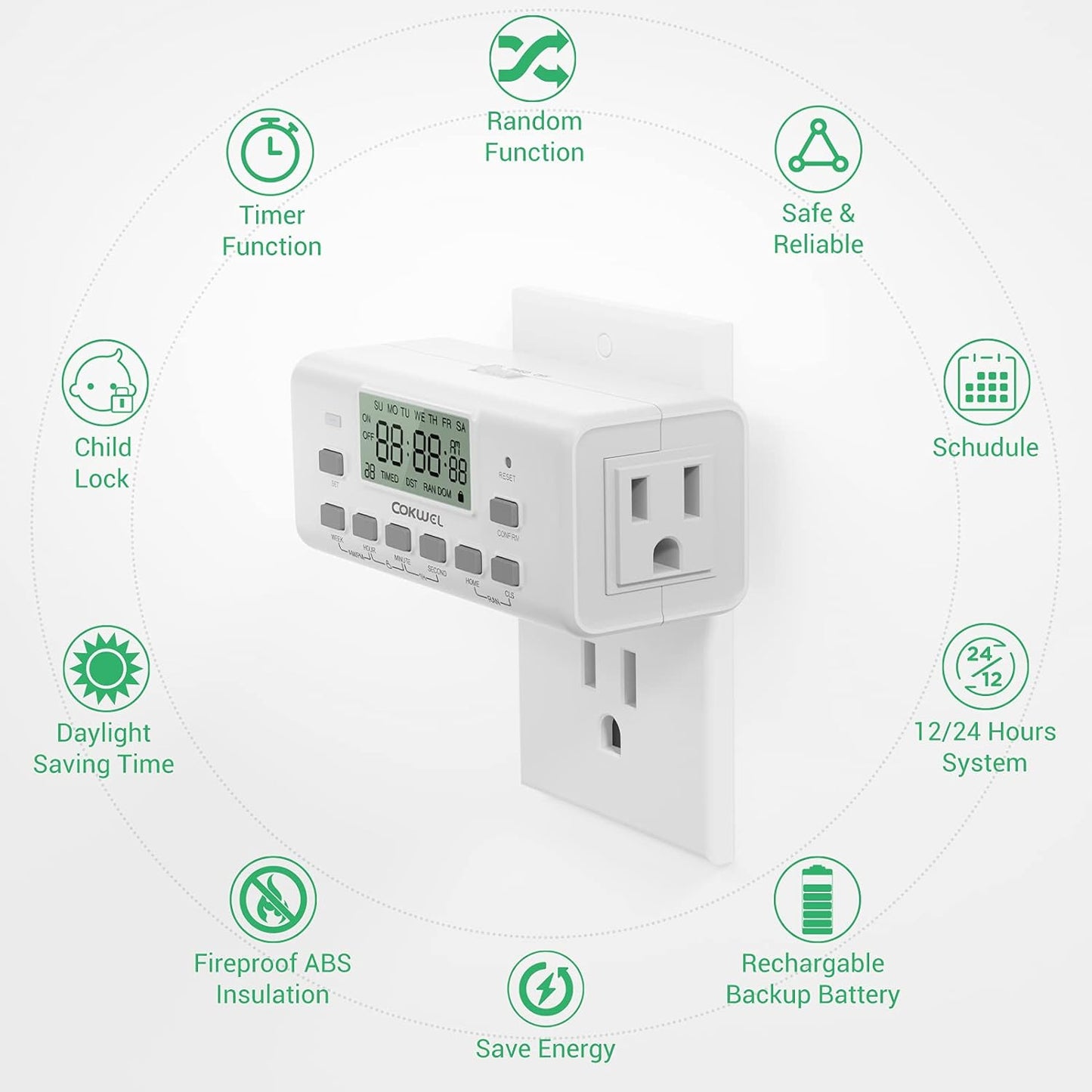 Digital Timer Switch - 2 Pack, 7 Day Programmable, 10 On/Off Settings, 24-Hour & 7-Day Programmable Electric Plug Timer