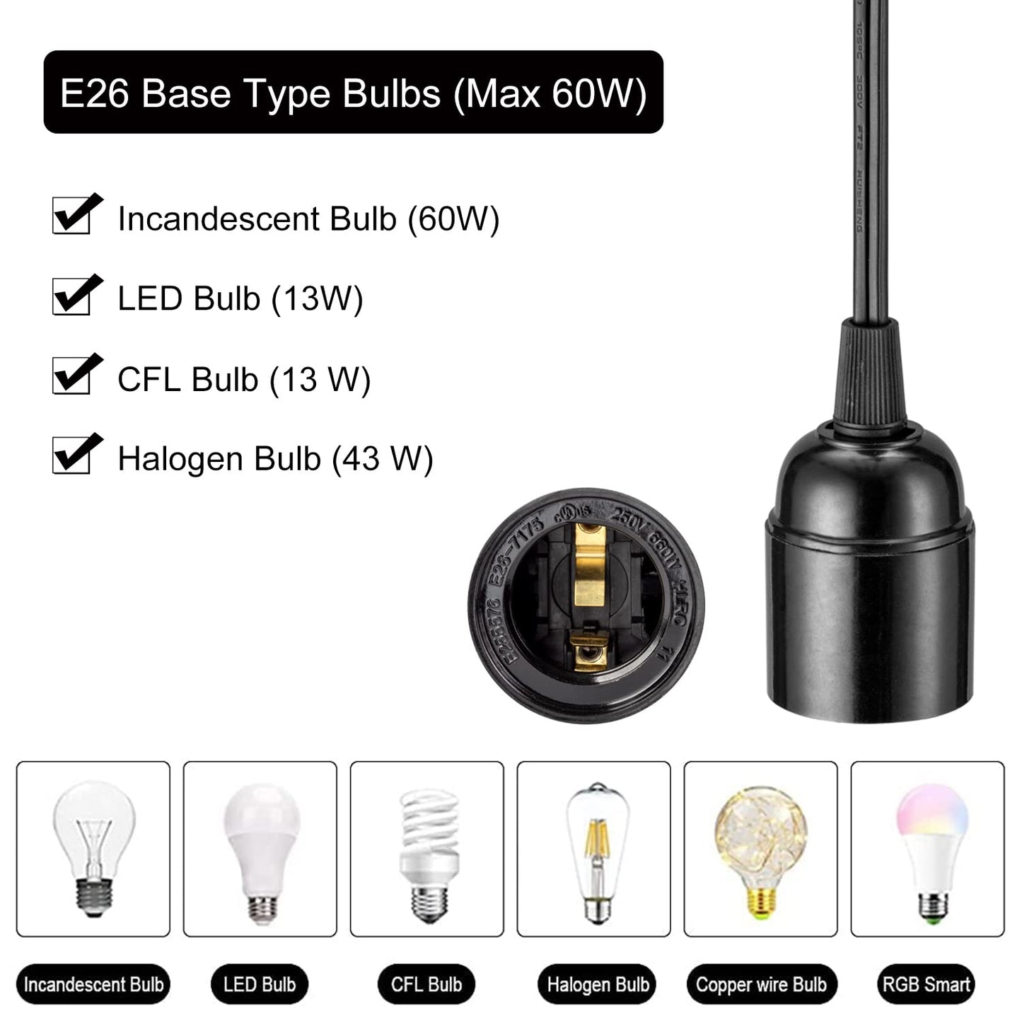 20Ft Extension Hanging Lantern Cord - Black, E26 Light Bulb Socket with Cord, On/Off Switch, Polarized Plug, UL Approval Pendant Light Cable with Socket (No Bulb)