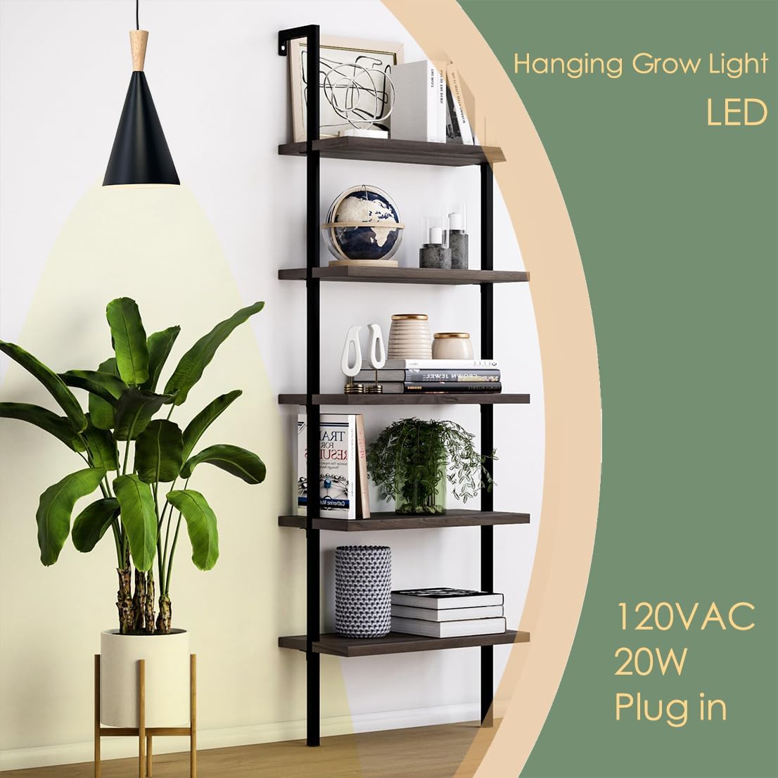 Hanging Grow Light, 20W Full Spectrum Pendant Grow Lights 15FT Power Cord, Decorative Grow Light for Indoor Plants, Flowers, Garden (Ceiling Mounted Hooks&Wall Mounted Bracket Included)