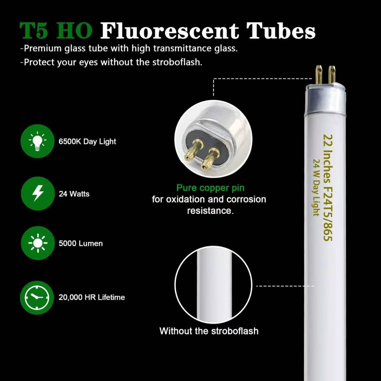 F24T5/865 6 Pack 22 Inch T5 Fluorescent Grow Light Bulbs, 24W 6500K Full Spectrum, 2000 Lumens, High Output (HO) Bulbs for Indoor Plants, Seedlings, Veg Growing, Sunlight White, Energy Efficient