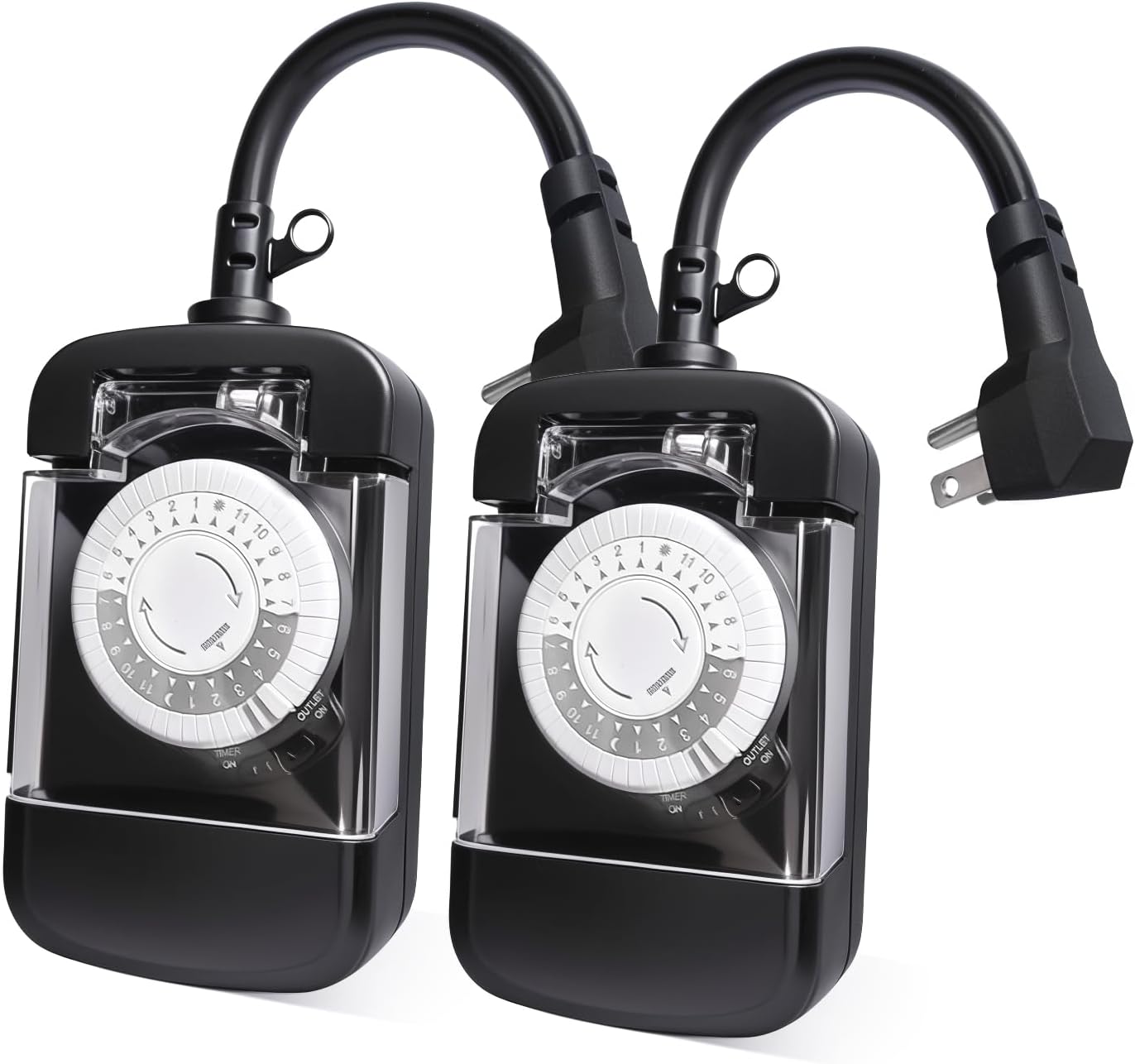 24 Hour Outdoor Mechanical Timer Switch with Two Ground Outlets, Variable On/Off Setting Every 30 Minutes, 48 Pin Setting Dial, Up to 24 Events Per Day,ETL Listed,Black