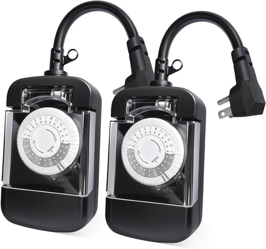 24 Hour Outdoor Mechanical Timer Switch with Two Ground Outlets, Variable On/Off Setting Every 30 Minutes, 48 Pin Setting Dial, Up to 24 Events Per Day,ETL Listed,Black