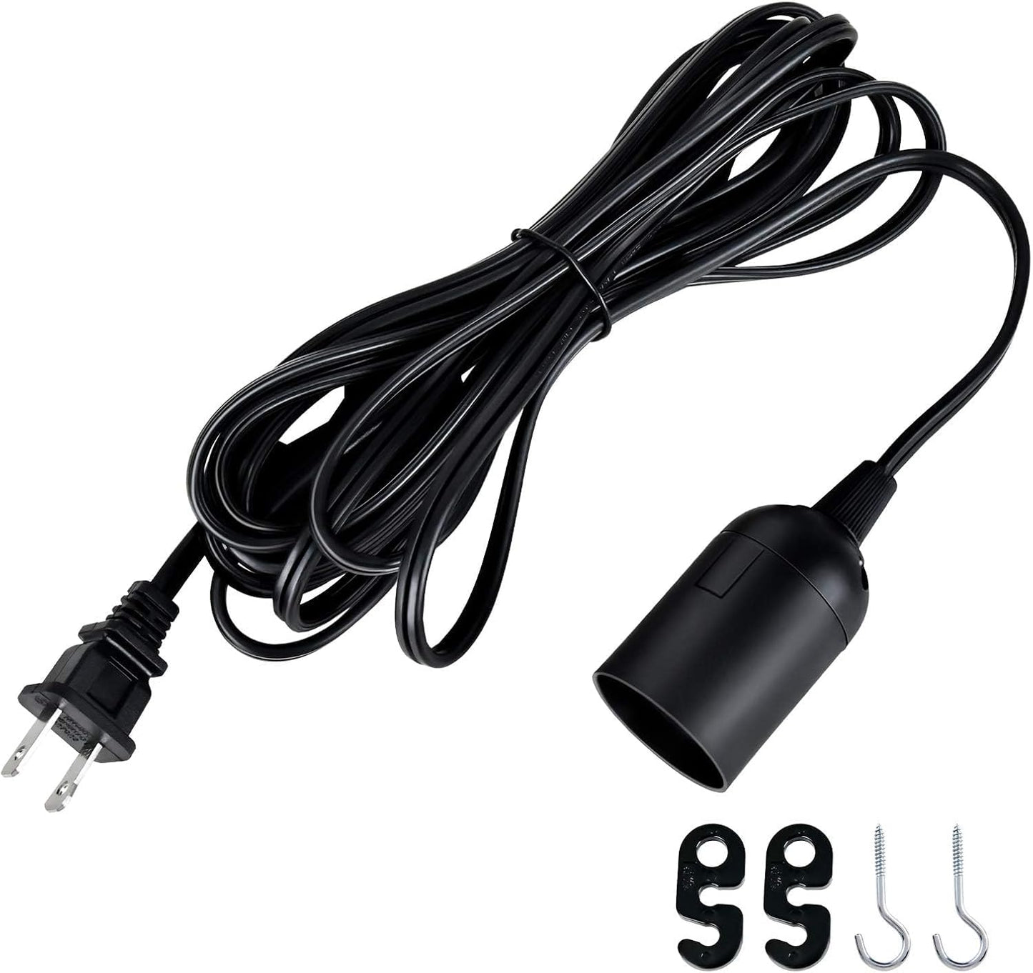 Simple Deluxe Hanging Lantern Extension Cord Cable, Plug-in E26 Pendant Light Socket with On/Off Button, 15ft-Black-2Pack