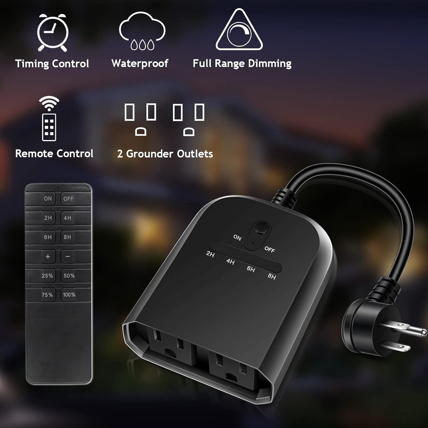 Outdoor Dimmer for String Lights, Remote Control Light Dimmer Plug in, Light Timer Outdoor Waterproof, 100FT Range with 2 Grounded Outlets for Dimmable LED/Tungsten Bulb/Patio Lights