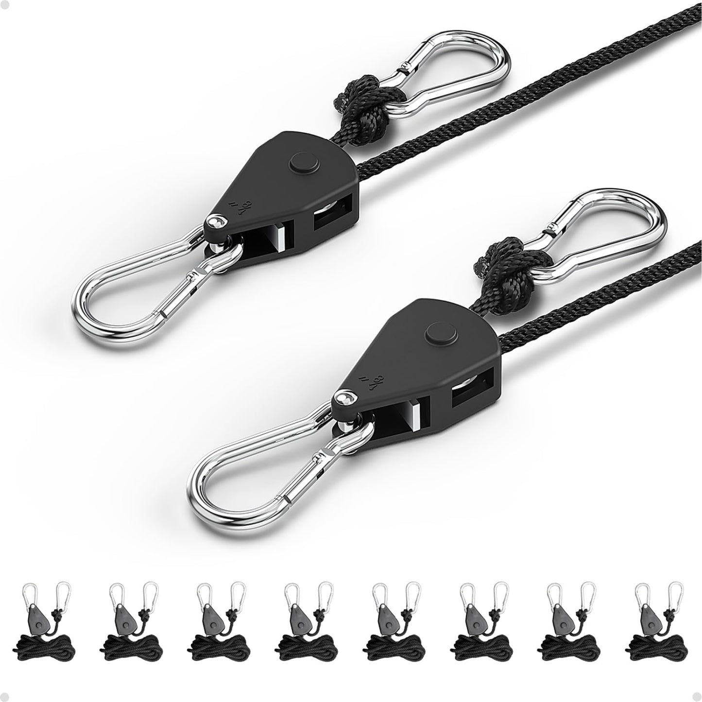 1/8" Adjustable Grow Light Hangers: 8 Pack Easy of Use Ratchet Ropes - Quick Hanging Accessories for Grow Tent