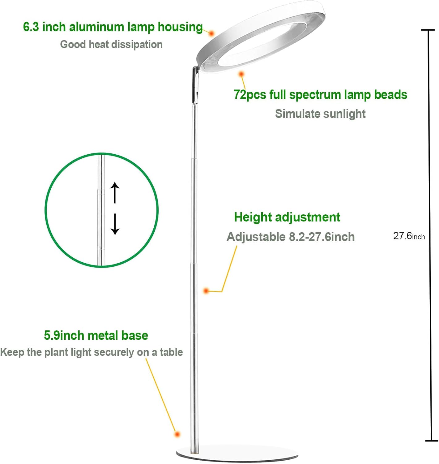 yadoker 72 LEDs Full Spectrum Plant Grow Light with Base for Indoor Plants，Height Adjustable, 6.3" Aluminum Housing,Automatic Timer with 8/12/16 Hours,10-Level Brightness,White Plant Light,1Pack