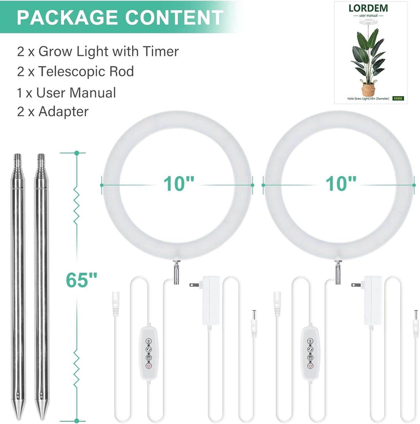 LORDEM 10" Grow Light for Indoor Plants, Full Spectrum Plant Lamp with160 LEDs, 4H/8H/12H Timer, 6 Dimmable Levels, 3 Spectrum Modes, Height Adjustable 65", Ideal for Large Tall Plants, Pack of 2 Pack