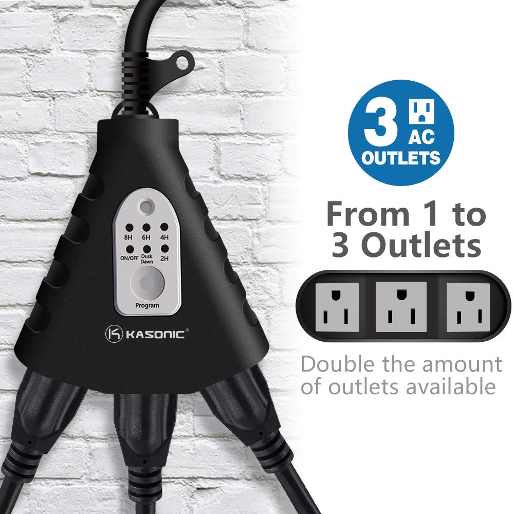 K KASONIC - Outdoor Light Timer, Waterproof Plug in Sensor Outlet Timer Switch, 100 ft Range Remote Control with 3 Grounded Electrical Outlets for Home and Garden, ELT Listed