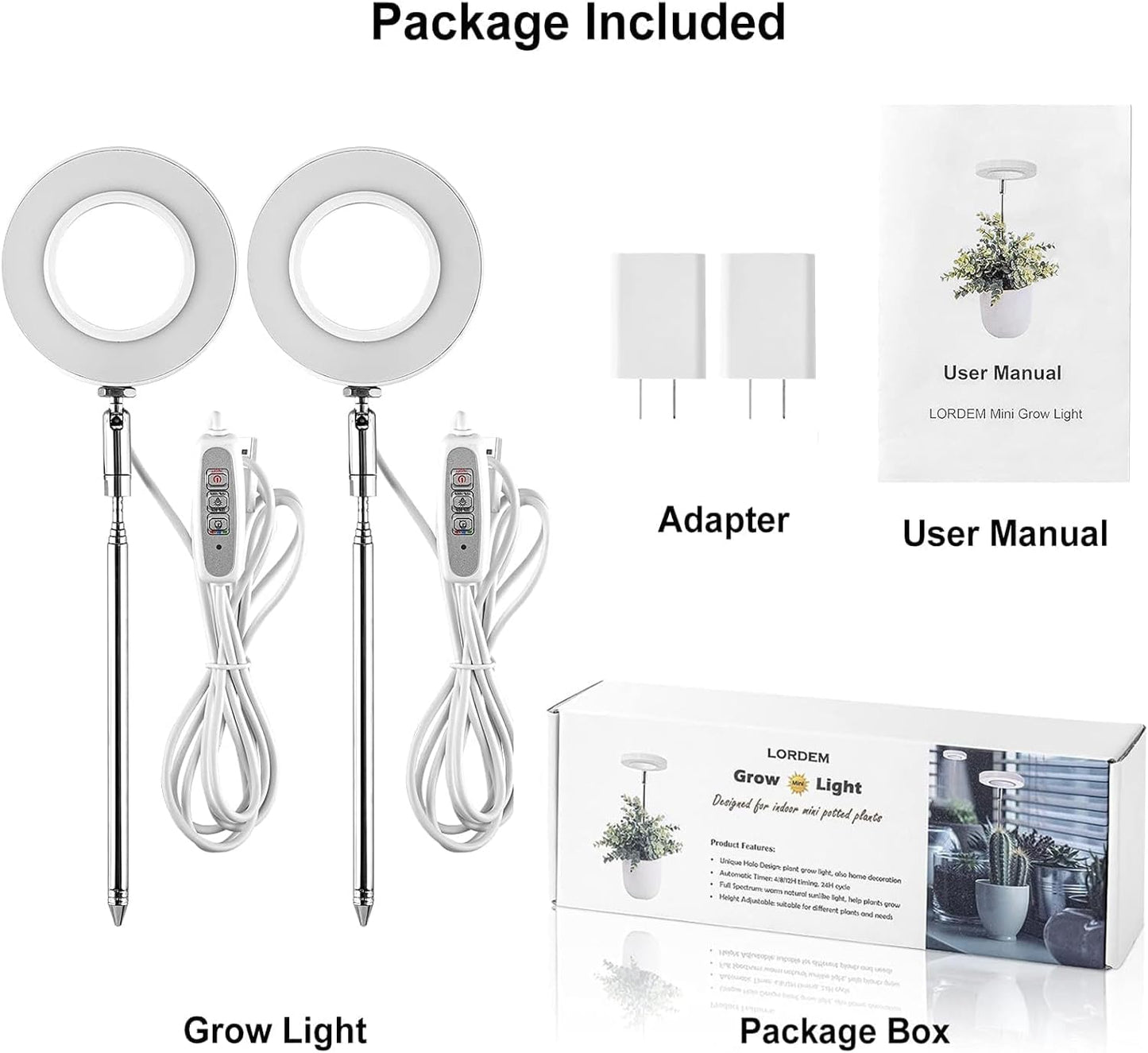 LORDEM Grow Light, Full Spectrum LED Plant Light for Indoor Plants, Height Adjustable Growing Lamp with Auto On/Off Timer 4/8/12H, 4 Dimmable Brightness, Ideal for Small Plants, 2 Packs