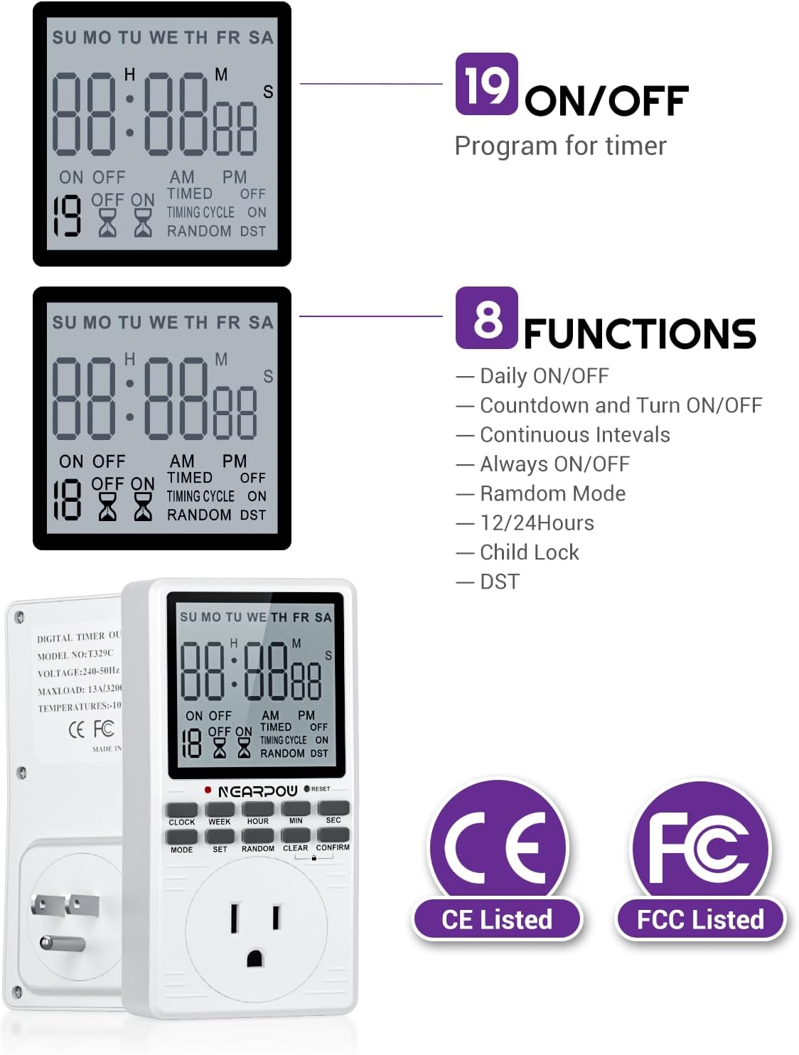 [2 Pack] Outlet Timer, NEARPOW Multifunctional Programmable Timer with Countdown and 7-Day Digital Infinite Repeat Cycle Intermittent, 19 ON/Off Programs for Electrical Outlets, 3 Prong, 15A/1800W