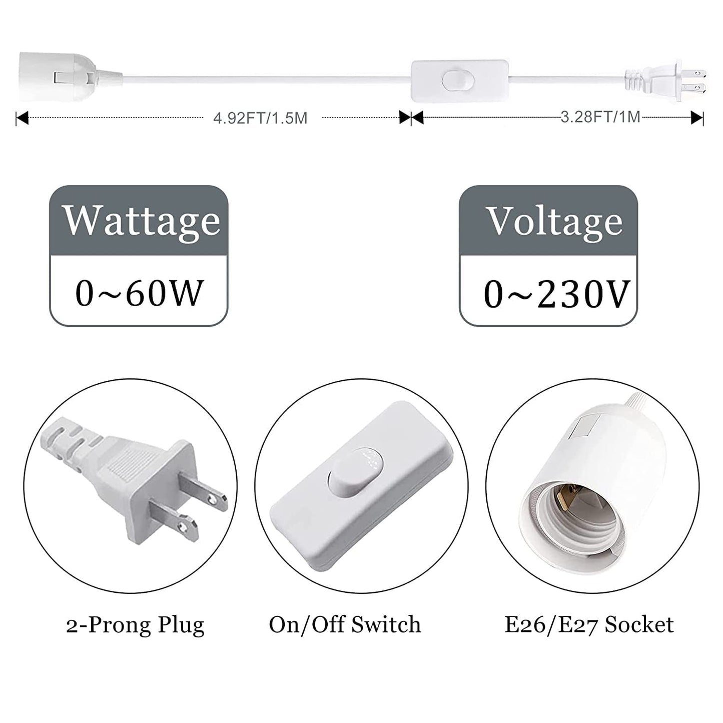 Hanging Light Socket with Cord - Extension Hanging Lantern Cord Cable - Lamp Cord with Switch E26/E27 Pendant Light Socket, 8.2Ft Light Bulb Cable, White, 4 Pack