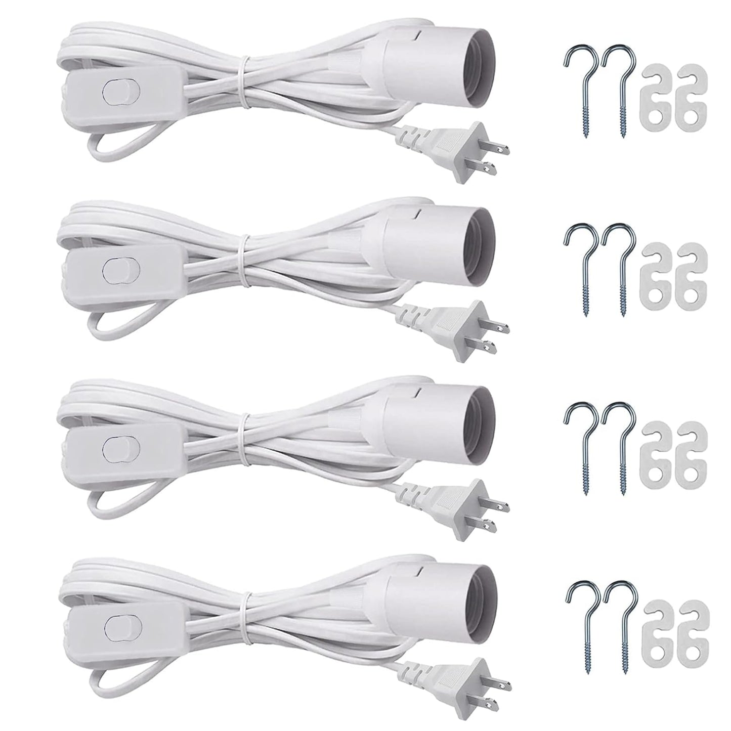 Hanging Light Socket with Cord - Extension Hanging Lantern Cord Cable - Lamp Cord with Switch E26/E27 Pendant Light Socket, 8.2Ft Light Bulb Cable, White, 4 Pack