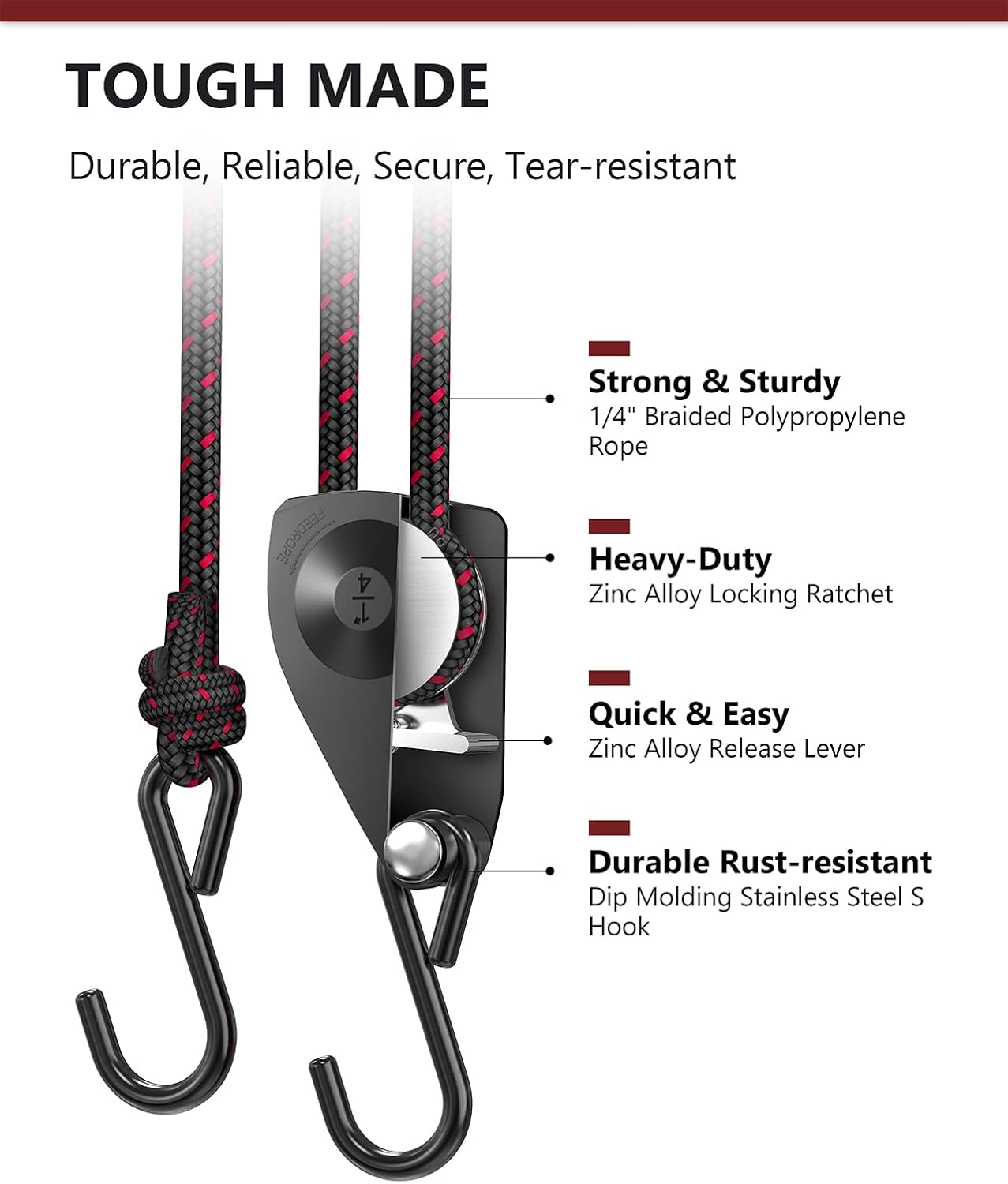 VIPARSPECTRA Ratchet Tie Down Straps, 1/4" Adjustable Rope Hangers [8 Pack, 12FT, 150 lbs/Pack], Heavy Duty Kayak Pulley System with Hooks for Garage Cargo Trucks Tents Grow Lights Various Lashing